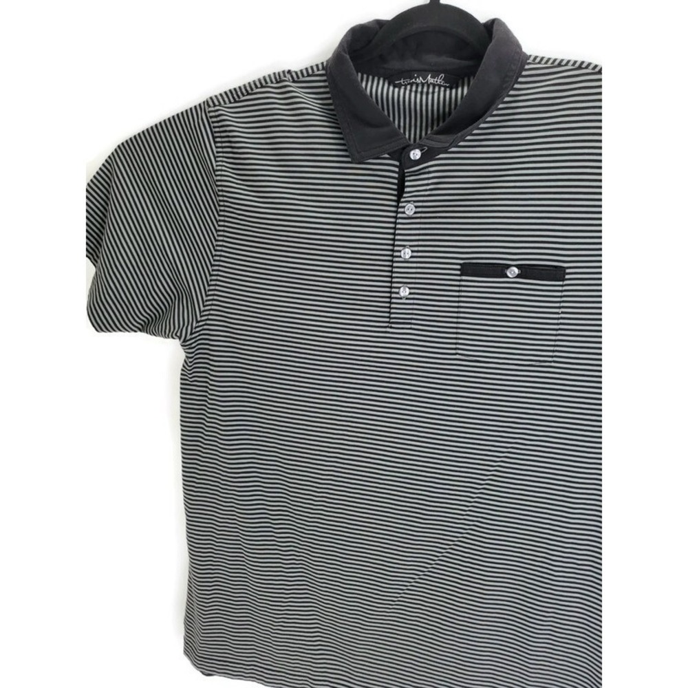 TravisMathew Mens XL Polo Shirt Grey Black Striped Short Sleeve Golf Top